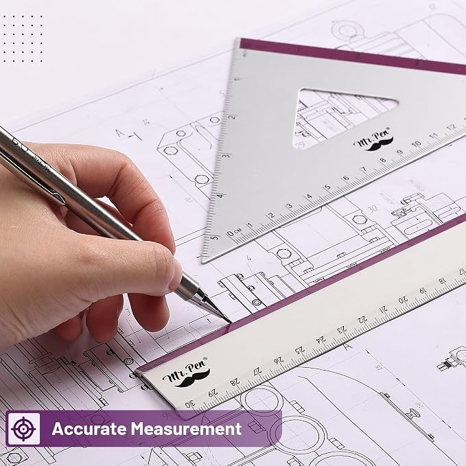 Mr. Pen- Metal Geometry Kit, 4 Pack, 45° & 30°/60° Set Squares | 6" Protractor & 12" Ruler, Durable Metal Drafting Tools for Technical Drawing, Math, Engineering & Architecture