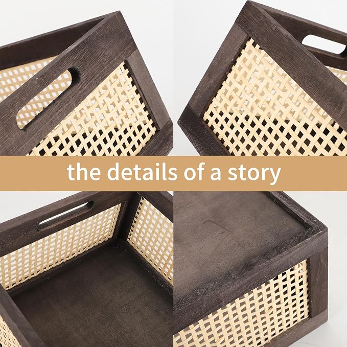 Desktop Storage Basket, Sundry Office Drawer Storage Box, Wood Frame Storage Basket. (Brown-Large)