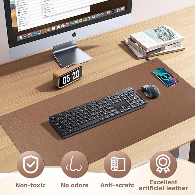 Wireless Charging Mouse Pad Firelison 2 in 1 Leather Multifunctional Office Desk Pad with Non-Slip Rubber Base, Waterproof Desk pad for Computers/Office/Work/Home/Decor（ 36" x 17"Buff - R）