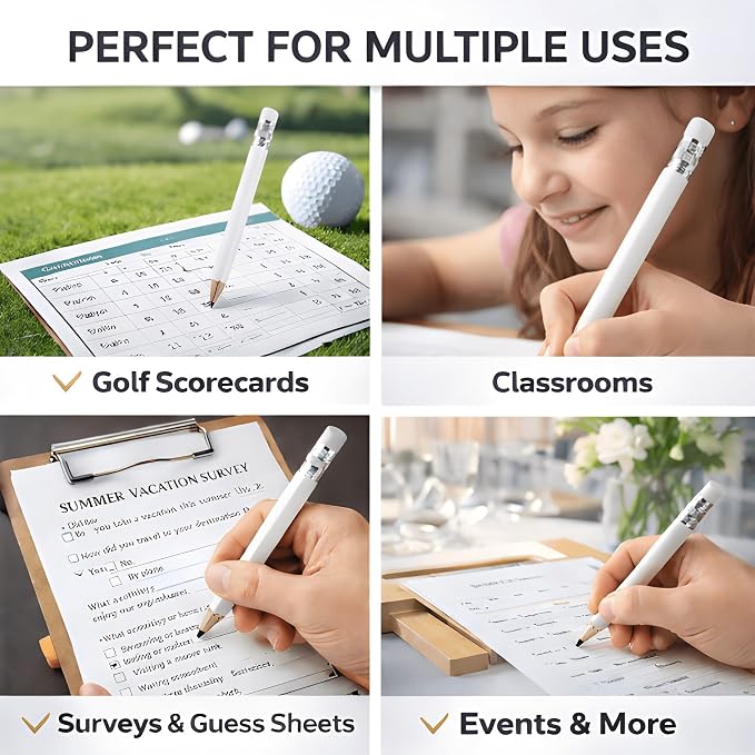 TH Golf 100pcs Golf Pencils, 4 Inch Mini Half Pencils with Eraser Sharpened Wood Mini Round for Schools Wedding Toddlers Home Corporate Multiple Colours (White)