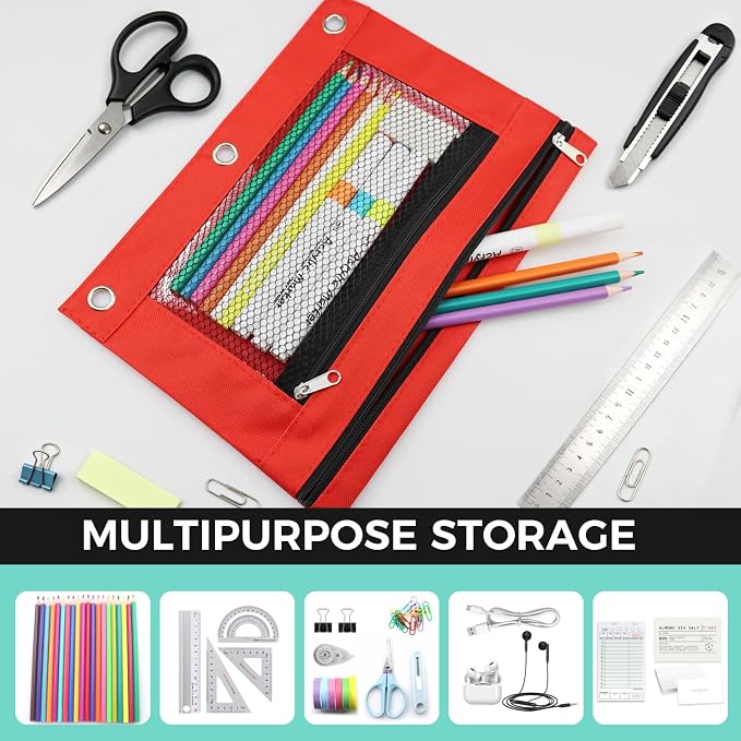 3 Ring Pencil Pouch for Binder, 2-Pocket Zipper Pencil Case with Clear Window & Mesh Pocket, 600D Oxford Fabric Binder Pouch for School Office Supplies, Fits Standard 3-Ring Binders, Red