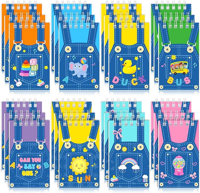 Faccito 24 Pcs Cartoon Girls Mini Notebook English Teacher Party Favors Cute Denim Overalls Small Notepads Pocket Spiral Journal for Birthday Party Supplies Classroom Rewards Gift, 2.4 x 3.9 Inch