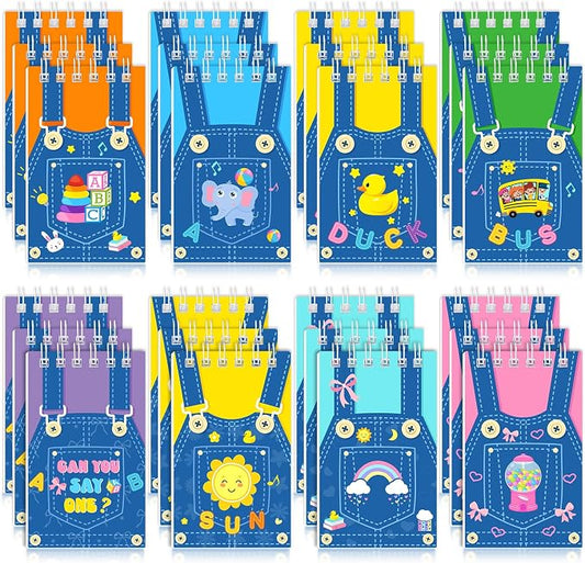 Faccito 24 Pcs Cartoon Girls Mini Notebook English Teacher Party Favors Cute Denim Overalls Small Notepads Pocket Spiral Journal for Birthday Party Supplies Classroom Rewards Gift, 2.4 x 3.9 Inch