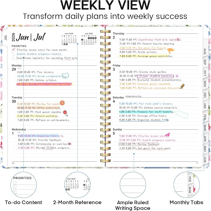 Academic Planner 2026-2027, Weekly and Monthly Calendar Book, July 2026 – June 2027, Hardcover Planner with Tabs, Perfect for Teachers, Students, Women & Men, A5 (6.4" x 8.5") - Disty