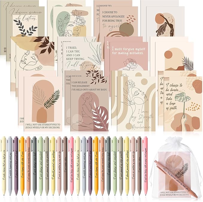 Mooliwe 48 Pcs Positive Affirmation Gift Set Gratitude Notebooks with Pens Small Bags Motivational Encouragement Notepads Daily Affirmations Journal for Women Stress Relief Self Care (Boho)