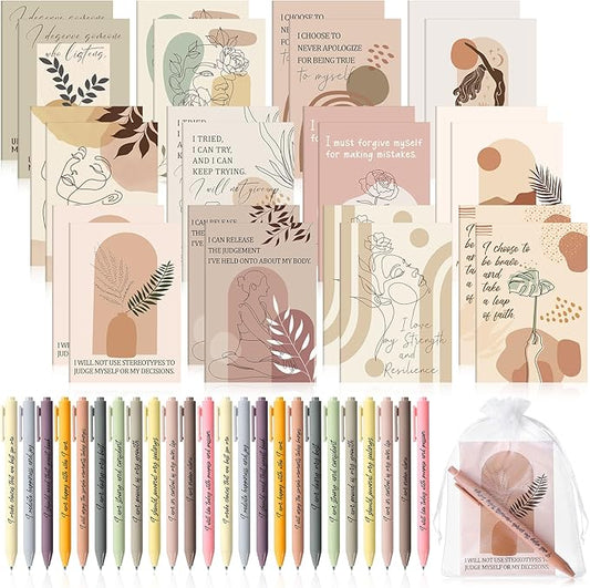 Mooliwe 48 Pcs Positive Affirmation Gift Set Gratitude Notebooks with Pens Small Bags Motivational Encouragement Notepads Daily Affirmations Journal for Women Stress Relief Self Care (Boho)