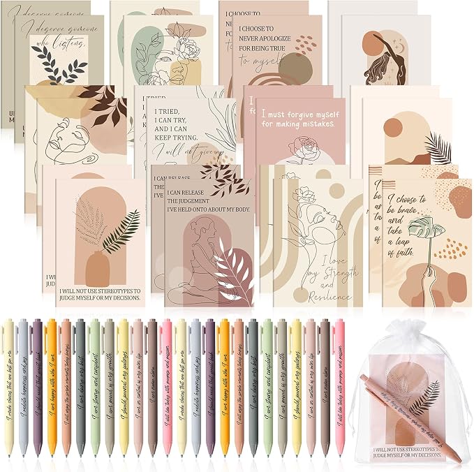 Mooliwe 24 Pcs Positive Affirmation Gift Set Gratitude Notebooks with Pens Small Bags Motivational Encouragement Notepads Daily Affirmations Journal for Women Stress Relief Self Care (Boho)