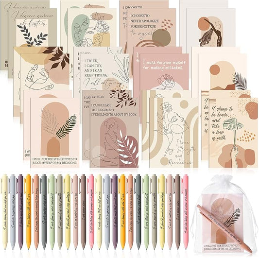 Mooliwe 24 Pcs Positive Affirmation Gift Set Gratitude Notebooks with Pens Small Bags Motivational Encouragement Notepads Daily Affirmations Journal for Women Stress Relief Self Care (Boho)