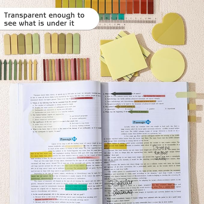 1450 Sheets Transparent Sticky Notes, 3 x 3 inch Aesthetic Clear Lined Sticky Notes with Pen, Gradient Color Waterproof Self-Adhesive Annotation Tabs for Bible Journaling (Yellow)