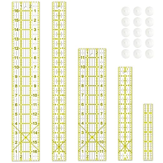 Sewing Ruler,5 Piece Quilting Rulers,3 x17 Inch,1.5 x17 Inch,3 x12 Inch,1.5 x10 Inch,1 x6 Inch,Acrylic Ruler,Cutting Ruler with Non-Slip Rings (Yellow)