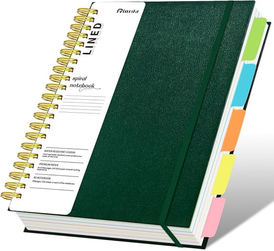 Hardcover Spiral Notebook with removable dividers 300 page(Green) | 5 Subject Notebook 8"x10" B5 College Ruled Notebooks for School Note taking，Lined Journal for Women