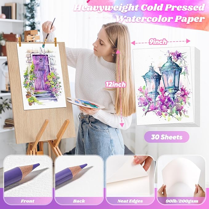 Watercolor Paper Bulk, 9"x12" White Water Color Paper, Loose Drawing Paper | 30 Sheets Cold Press Artist Sketch Easel Acrylic Painting Paper for Watercolors,Watercolor Paint Set,Christmas Birthday Gifts
