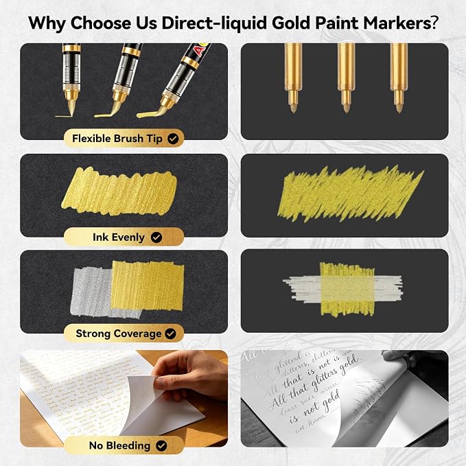 Surcotto 12 Gold Acrylic Paint Pens,Soft Brush Tip Markers,Quick-Drying, Waterproof,Direct-Liquid Ink, Permanent Markers for Canvas,Rock Painting,Wood, Stone,Glass,Ceramic,Fabric Painting,DIY Crafts
