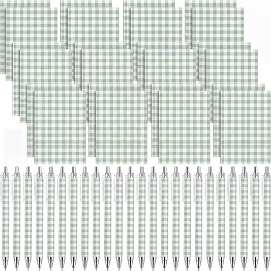 Engrowtic 24 Set Sage Green and White Checkered Pocket Notebooks with Ballpoint Pens Bulk Green Gingham Mini Notepads Gel Pens Small Journals for Wedding Parties, School, Office, Travel Gift