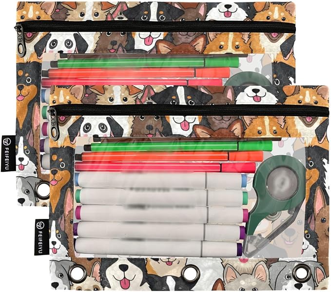 ALAZA Pencil Pouch for 3 Ring Binder, Cute Doodle Dog Animal Binder Pencil Pouches with Clear Window Zipper Pencil Case Cosmetic Bags for Office College Supplies, 2PCS