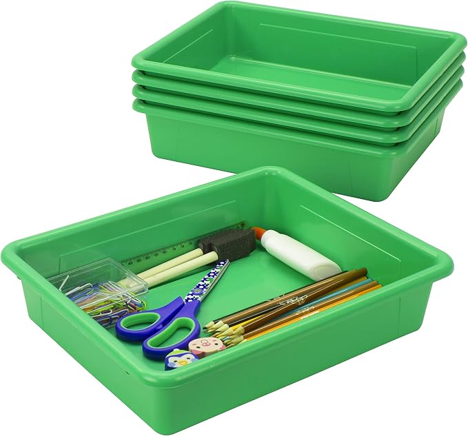 Storex Letter Size Flat Storage Tray – Organizer Bin with Non-Snap Lid for Classroom, Office and Home, Green, 5-Pack (62539A05C)