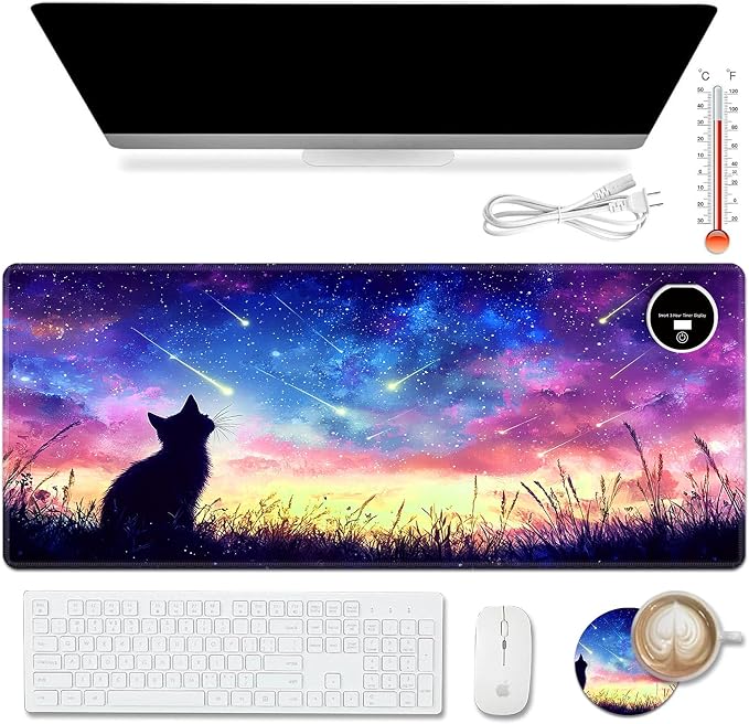 Warm Desk Pad,Heated Desk Pad,Office Mat,3 Heating Levels & 3 Hours Auto Shut-Off,31.5"*13" Gaming Mouse Laptop Keyboard Leather Desk Mat,Colorful Galaxy Cat