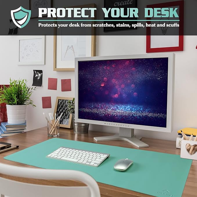 K KNODEL Small Desk Protector Mat, Leather Desk Pad (23.6"x13.8", Green) | Non-Slip Desk Mat, Desk Pads and Blotters, Desktop Mat, Desk Protector and Cover, Office Computer, Laptop and Keyboard Mat