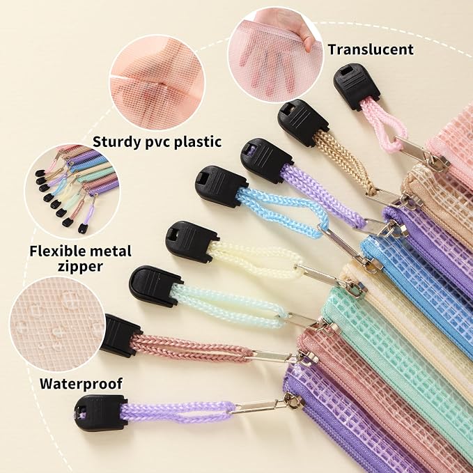EOOUT 14pcs Mesh Zipper Pouch, 8 Sizes Waterproof Zipper Bags, 7 Colors Waterproof Plastic Document Pouch, Multipurpose for Travel Storage, Office Appliances, Home Organize