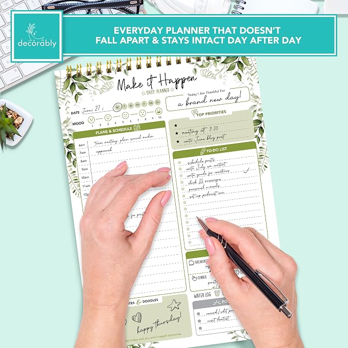 Decorably 52 Sheets Forest Green Undated Daily To Do list - 6.5x10in Spring-Bound, Easy Tear-Off, Planner Pad, Schedule, Priorities, Agenda, Water Intake, Meals, Notes and Doodles - Home, Office
