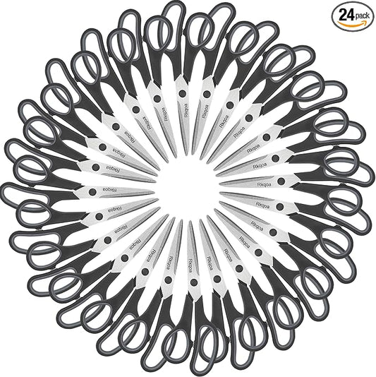 24 Black Scissors Pack, 8" All Purpose Sharp Scissor for Everyday Use | Comfort-Grip Sharp Scissor for Office School Classroom Craft Sewing Supplies, High/Middle Student Teacher, Right/Left Handle