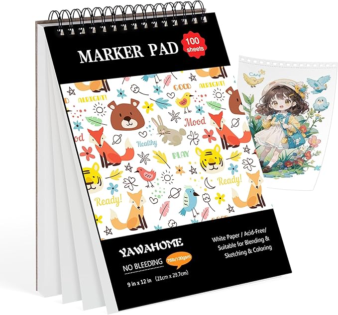 Marker Pad Sketch Book - 100 Sheets Drawing Pad Mixed Media Paper 130GSM Bleedproof Spiral-Bound Art Sketchbook for Alcohol Markers, Watercolor, Pencil & Ink Pens,Sketchpad Kids & Adults Gift | Smooth Mixed-media Surface for Alcohol Markers, Pencil, In...