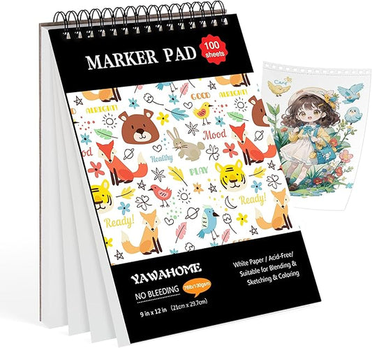 Marker Pad Sketch Book - 100 Sheets Drawing Pad Mixed Media Paper 130GSM Bleedproof Spiral-Bound Art Sketchbook for Alcohol Markers, Watercolor, Pencil & Ink Pens,Sketchpad Kids & Adults Gift | Smooth Mixed-media Surface for Alcohol Markers, Pencil, In...