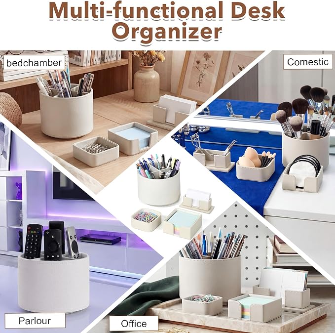 4 Pcs Rotating Leather Pen Holder for Desk Organizer Office Supplies Business Card Sticky Note Holder Paperclip Storage Desk Accessories Set for Teacher Back to School Gift(Beige)