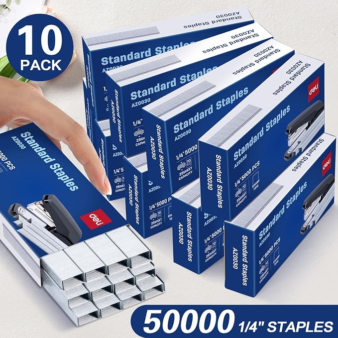 Deli Staples, 50000 Staples, 1/4'' Length, 210/Strip, 10 Boxes of 5000 Each | Standard Staples for Desktop Staplers