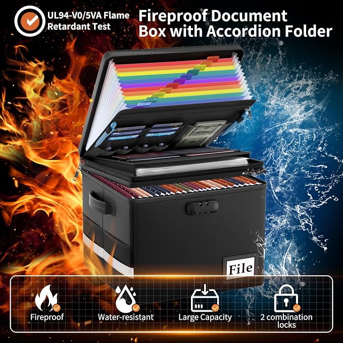 ENGPOW Fireproof Document Box with Locks and Accordion File Folder,Black | File Organizer with Multi-Pocket, Portable Home Office File Cabinet Safe Storage for Hanging Letter/Legal Size Folders