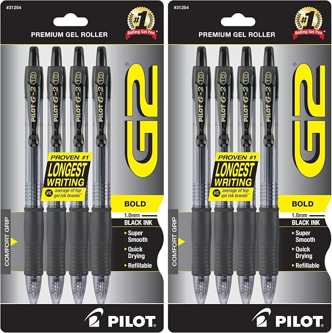 PILOT G2 Premium Refillable and Retractable Rolling Ball Gel Pens, Bold Point, Black Ink, (31254) 4 Count (Pack of 2)
