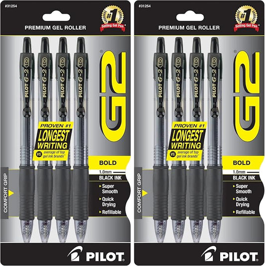 PILOT G2 Premium Refillable and Retractable Rolling Ball Gel Pens, Bold Point, Black Ink, (31254) 4 Count (Pack of 2)