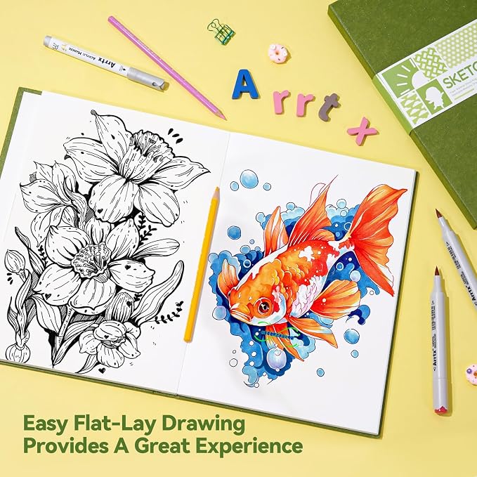 Arrtx A4 Sketchbook, Lay Flat Hardcover Sketch Book(120 Pages) 180GSM/90lb, Acid-Free Art Sketchbook for Artist, Students and Beginners