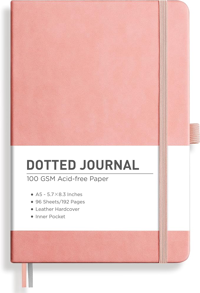 RETTACY Dotted Journal Notebook, 192 Pages, A5 Medium Size (5.7'' x 8.3'') | Leather Hardcover, 100 GSM Thick Paper, for Journaling, Planning, Tracking (Pink)