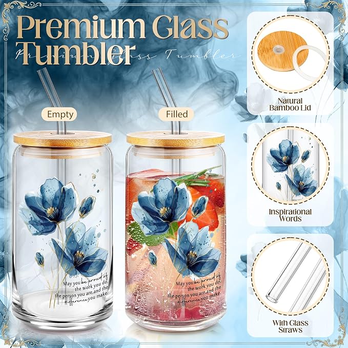 Funnymoom 6 Pcs Appreciation Gifts Set for Women Back to School Teacher Gifts Employee Thank You Gift with 17 oz Glass Tumbler Journal Pens and Pouch for Coworkers Educators(Floral,Blue)