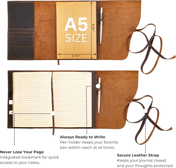 Premium Leather Journal for Men Women - Refillable Leather Notebook Cover with Pen - Leather Bound Notebook Lined Paper A5, Travel Journal - Ideal for Writing, Journals, and Notebooks