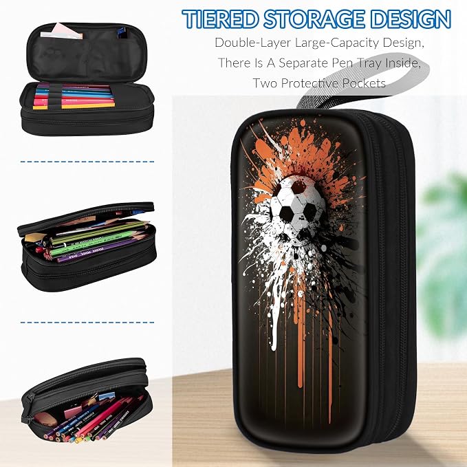 TILYTADLY Large Pencil Case for Boys - Soccer Boys Pencil Pouch with Zipper Compartments - Big Capacity Pen Box Pen Bag Organizer with Keychain for Kids Teens School