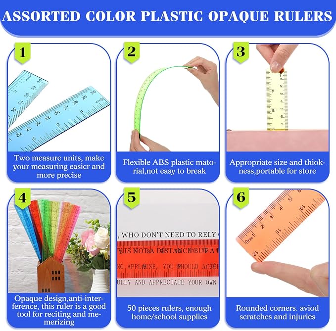 Zonon 50 Pcs 6 Inch/12 Inch Plastic Rulers Bulk Flexible Straight Rulers with Inches Centimeters First Day of School Gift Students Back to School Office Home Supplies(Clear Colorful,12 Inch)
