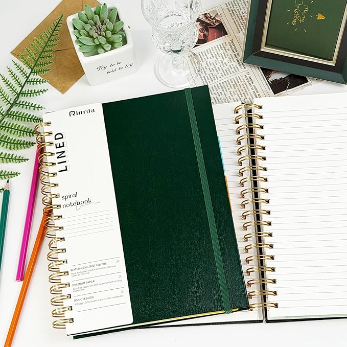 Hardcover Spiral Notebook with removable dividers 300 page,5 Subject Notebook 8"x10" B5 College Ruled Notebooks for Work Note taking，Lined Journal for Women (Black)
