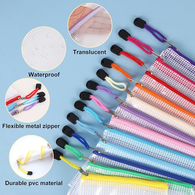 EOOUT 38pcs Mesh Zipper Pouch, Waterproof Zipper Bags, 8 Sizes Plastic Travel Pouch, 12 Colors, Multipurpose for Board Game, Travel Storage, Office Appliances, Home Organize