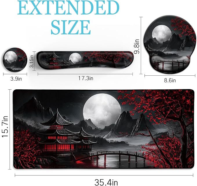 LIMKRIAN Japanese Ergonomic Mouse Pad with Wrist Rest, Large Desk Mat Set | Gaming Computer Mat, Keyboard Wrist Support, Coaster, Desk Matt for Desktop, Japanese Anime Office Supplies Desk Accessories