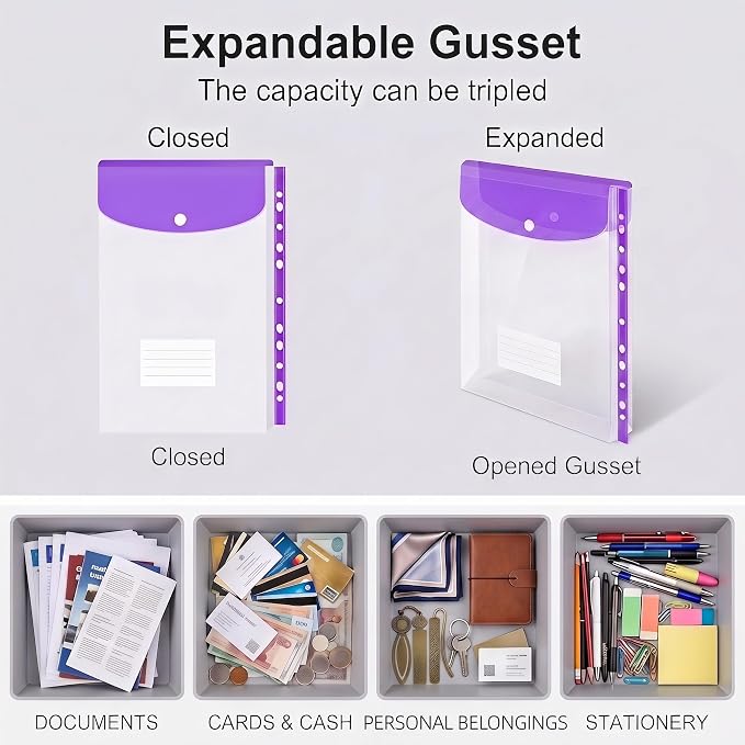 12 Pack Expandable Plastic Envelopes Binder Pocket, 11 Hole Expanding File Pockets for 2/3/4 Ring Document Pouch with Snap Button & Label, Loose-Leaf Transparent for School Home Office