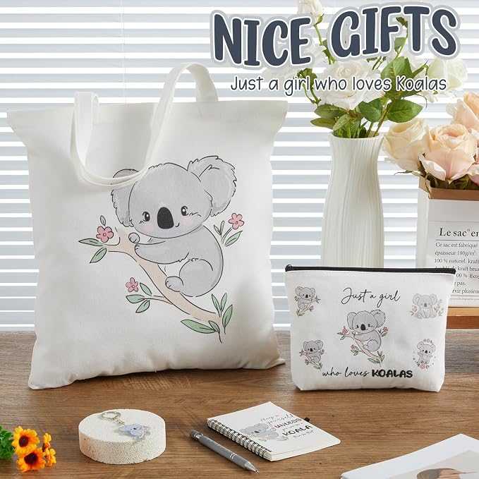 Kinlop 5 Pcs Koala Lover Gifts for Women Include Just a Girl Who Loves Koalas Tote Bag Canvas Cosmetic Bag Coil Notebook Keychain and Ballpoint Pen for Women Girls