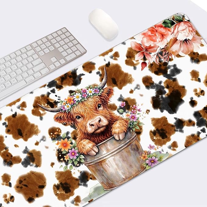 Britimes Cute Highland Cow Desk Mat Flowers Cartoon Print Deak Pad Non-Slip PU Leather Large Keyboard Mouse Pad Office Desktop Accessories for Office,Work,Home Decor(31.5"X15.7")