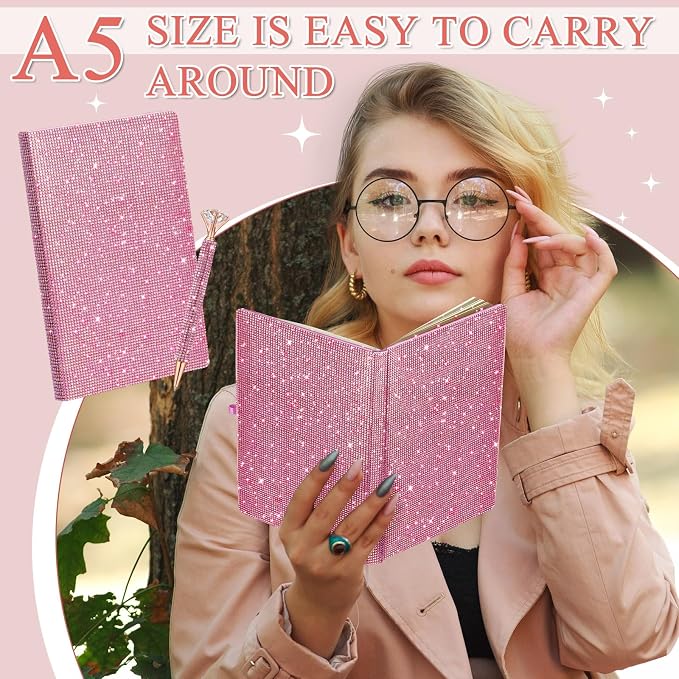 Rhinestone Pen & Glitter Notebook Set, Hard Cover Bling Diary Journal for Girls, Cute School Supplies for Back to School, Sparkly Desk Accessories Gift for Women(Rhinestone,A5,Pink)