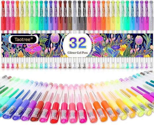 Taotree Glitter Gel Pens, 32 Colors Neon Glitter Pens, Colored Gel Markers | 40% More Ink Fine Point Art Markers Set for Adult Coloring Books, Drawing Art Supplies, School Journaling, Scrapbook Supplies