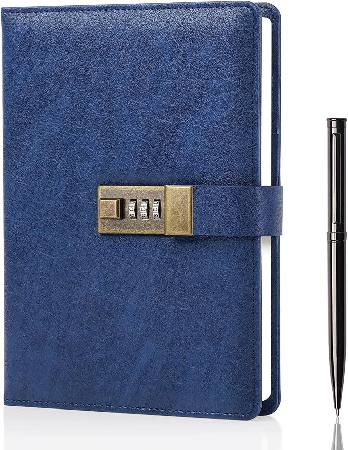 WEMATE Diary with Lock, A5 PU Leather Journal with Lock 240 Pages Blue | Vintage Lock Journal Password Notebook with Pen & Gift Box, Lock Diary Planner Organizer for Men and Women, 8.6x5.8in