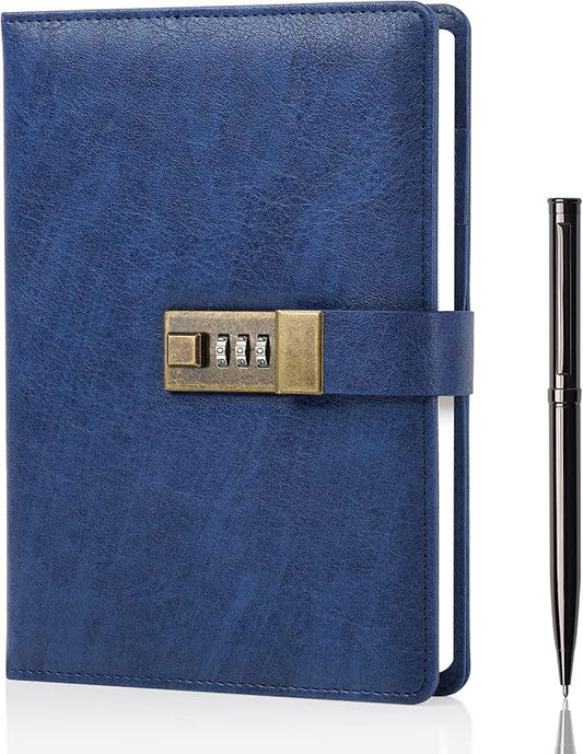 WEMATE Diary with Lock, A5 PU Leather Journal with Lock 240 Pages Blue | Vintage Lock Journal Password Notebook with Pen & Gift Box, Lock Diary Planner Organizer for Men and Women, 8.6x5.8in