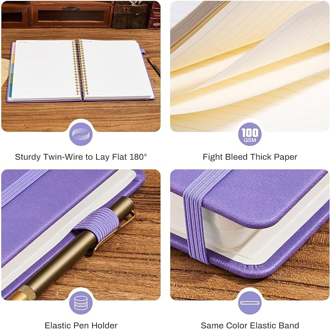 Ovesmusl Hardcover Spiral Notebook 8.5" x 11" with 5 Removable Dividers 300 Pages Leather 5 Subject Notebook College Ruled 100GSM Large Spiral Notebooks for Work Thick Lined Journal for Women, Purple