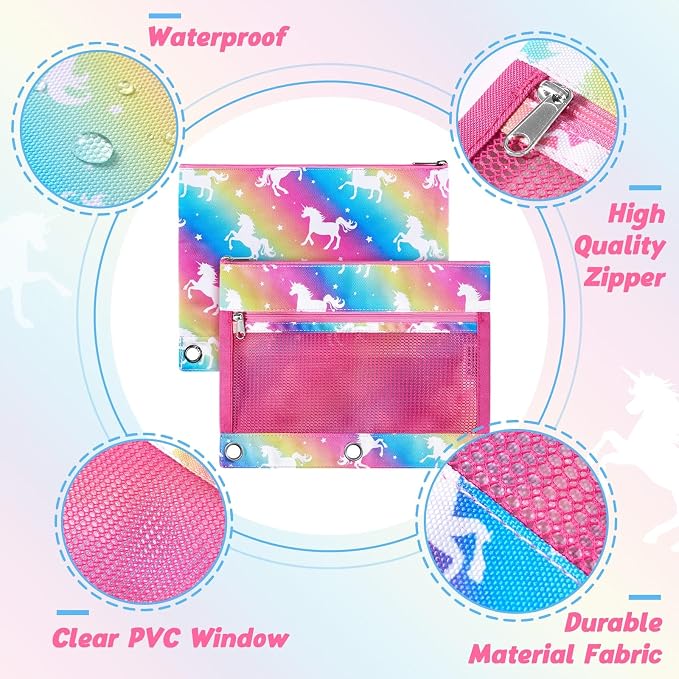 WAWSAM Unicorn Pencil Pouch for 3 Ring Binder, Zipper Pencil Pouch for Girl | 2 Pocket Clear Window Pencil Case, 3 Ring Pencil Pouch for School Supplies, Pencil Bags for Office College